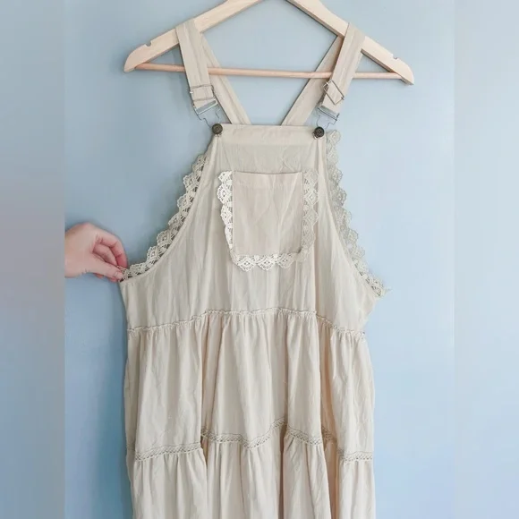 Prairie Cottagecore Tiered Overall Dress Beige Lace Trim Adjustable Straps M/L - Picture 5 of 8